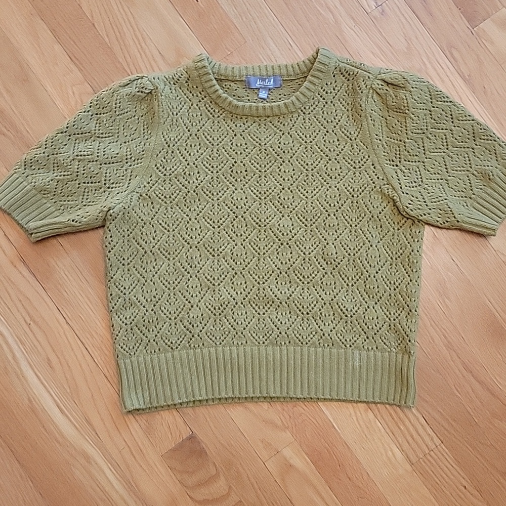 Marled Olive Openwork Crewneck Short Sleeve Sweater